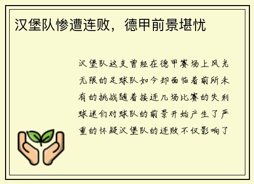 汉堡队惨遭连败，德甲前景堪忧